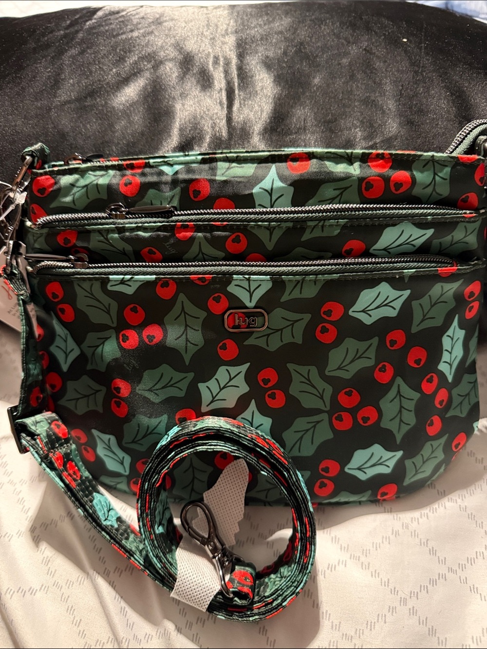 lug Green Holly Print Crossbody Bag with Red Berries